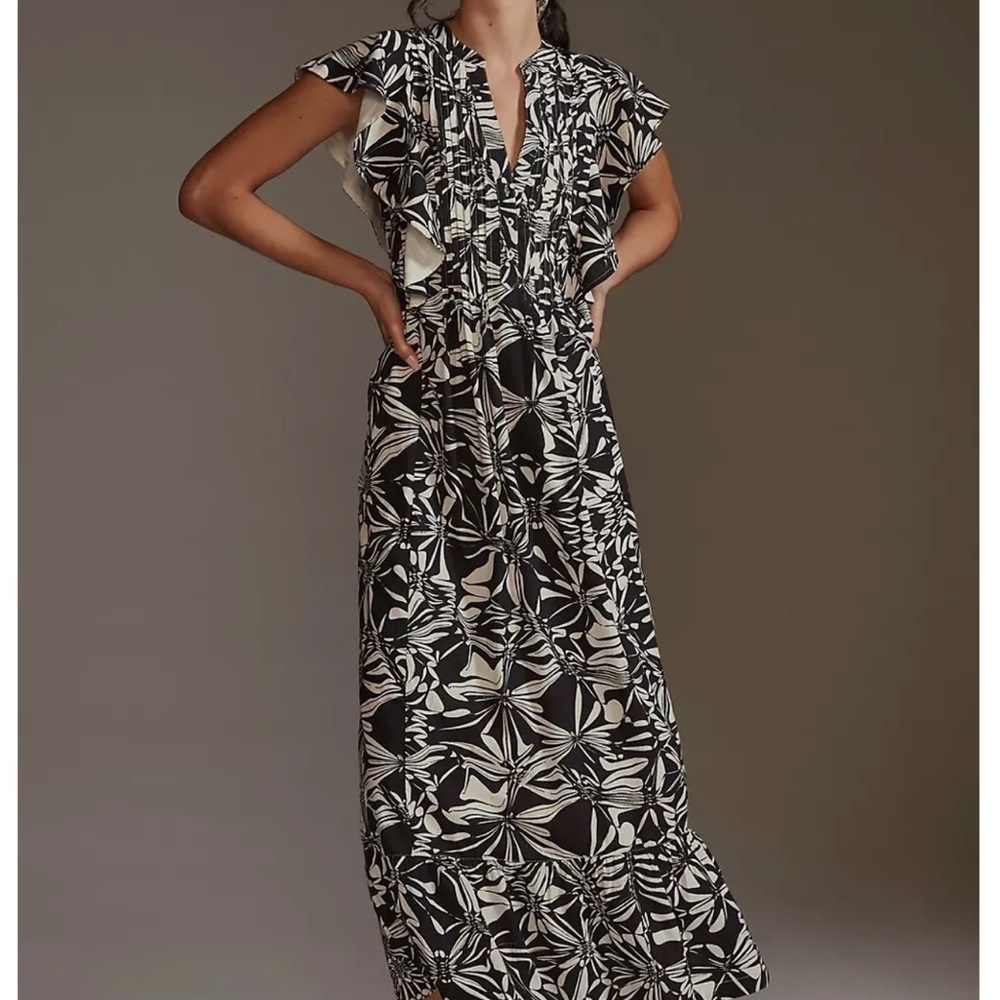 Anthropologie Cassandra Maxi Flutter Sleeve Black and White Floral Maxi Dress